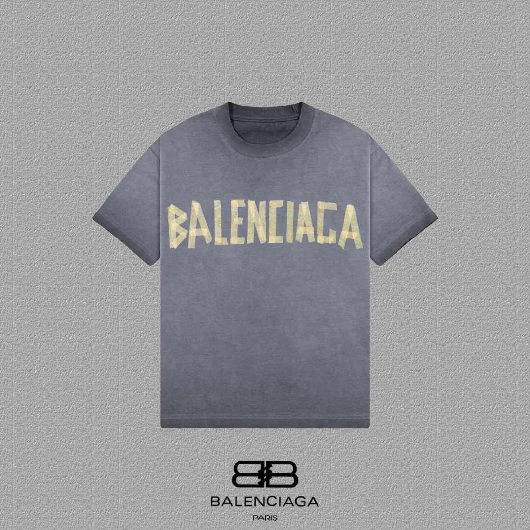 P90✨🔥 [balenciaga] 2026FW Paris Tape Letters Short Sleeve T-Shirt Premium 26s Double Yarn 300g Fabric Washed and sprayed with distressed process Color: Washed Brown Washed Purple Washed Gray Size: S M L XL 2XL